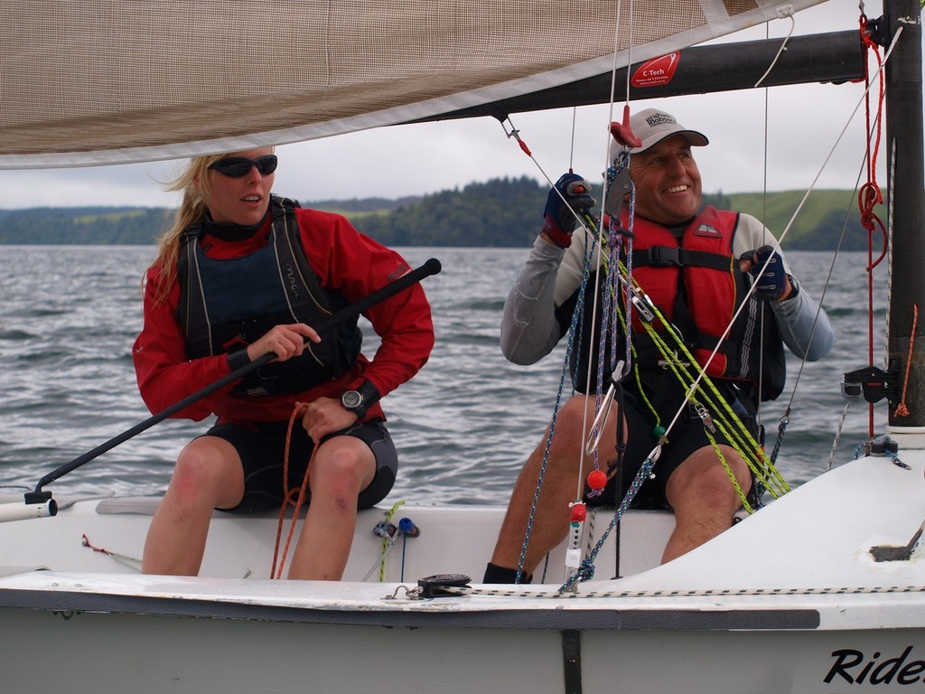 Enjoying a change: Nadine and Colin on Riders on the Storm - Rotoiti Spring Sprints 2010 © Nadine Moeller